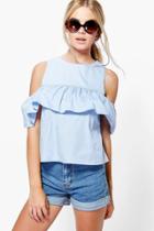 Boohoo Layla Cold Shoulder Ruffle Cotton Top Blue