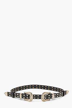 Boohoo Stud Detail Double Buckle Western Belt