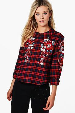 Boohoo Raegan Check Embroidered And Studded Top