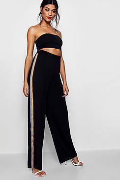 Boohoo Leah Contrast Stripe Wide Leg Crepe Trousers
