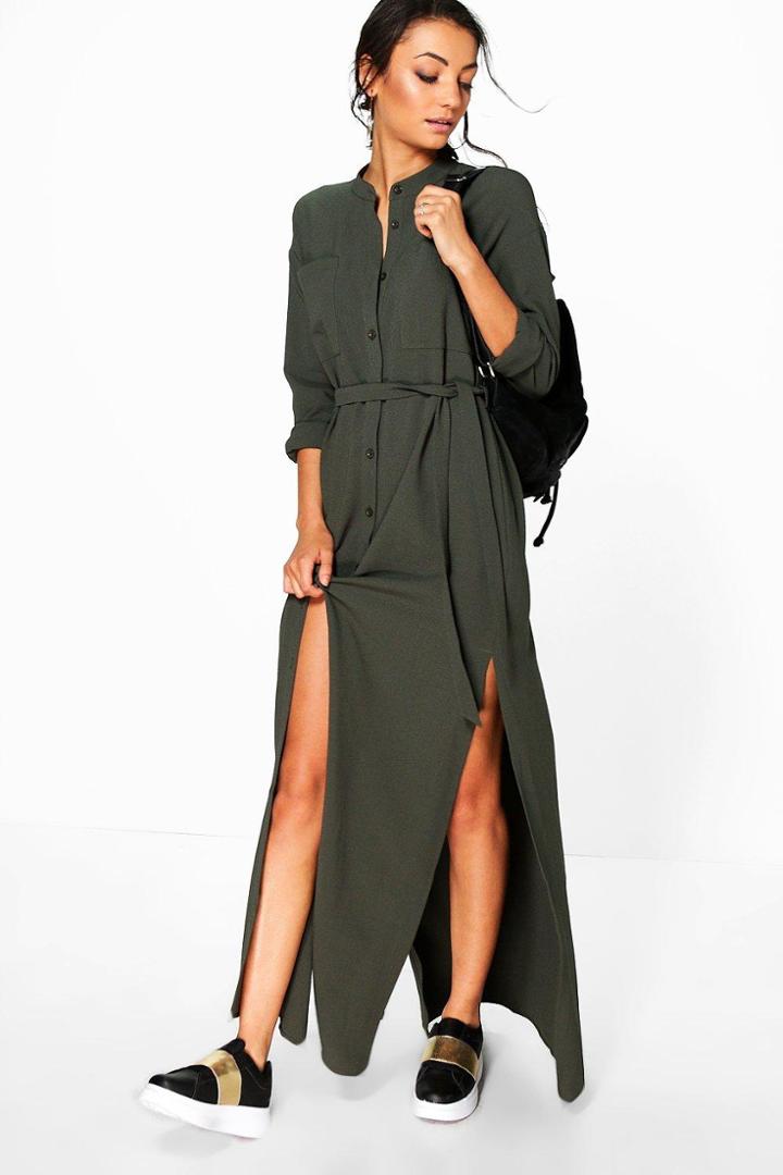 Boohoo Tall Sadia Woven Split Side Maxi Shirt Dress Khaki