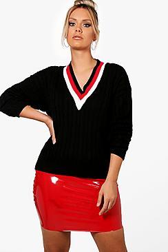 Boohoo Plus Holly V Neck Stripe Oversized Jumper