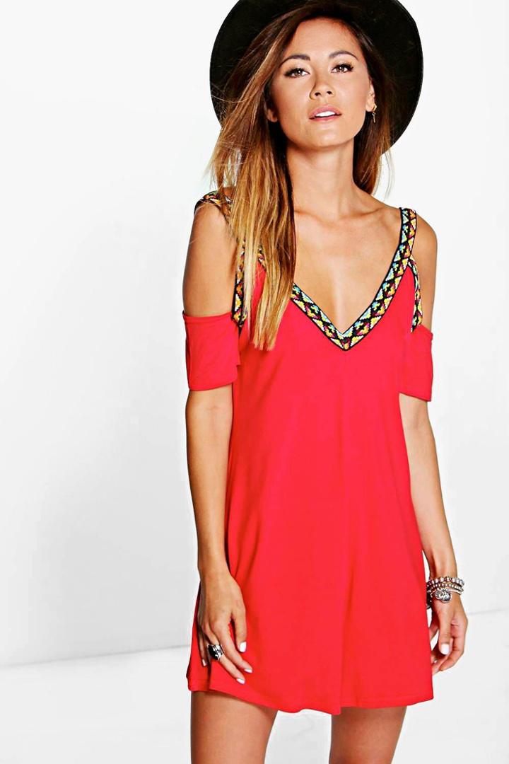Boohoo Elsa Embroidered Detail Open Shoulder Playsuit Red