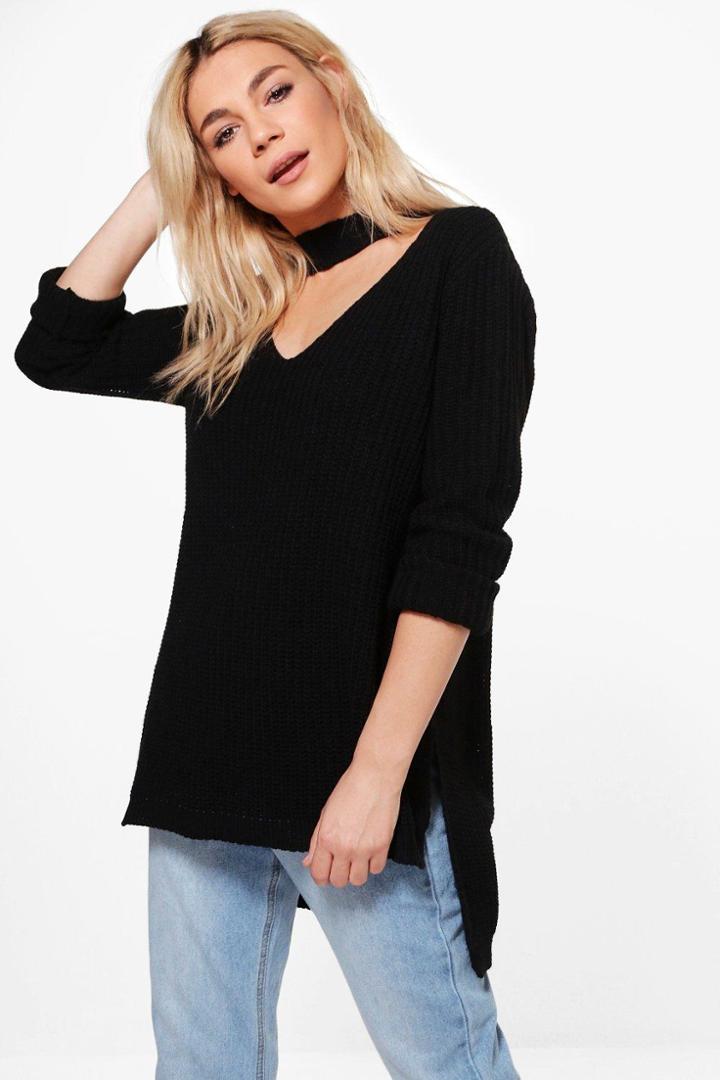 Boohoo Holly Choker Knit Tunic Black