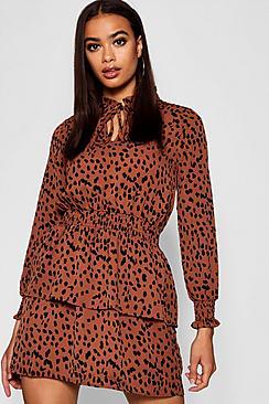 Boohoo Dalmatian Print High Neck Ruffle Skater Dress