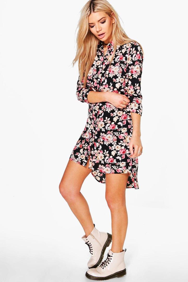Boohoo Reem Floral Long Sleeve Shift Dress Multi