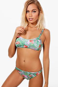Boohoo Florida Skinny Strap Detail Tropical Bikini