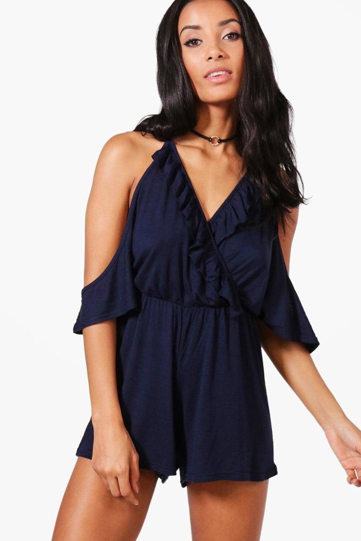 Boohoo Mia Ruffle Cold Shoulder Playsuit Navy