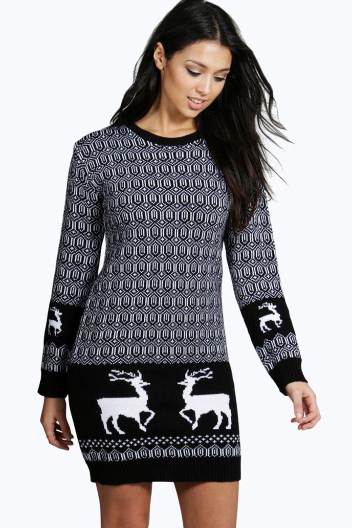 Boohoo Emma Reindeer Christmas Jumper Dress Black