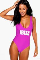 Boohoo Ibiza Scoop Neck Slogan Bathing Suit Purple