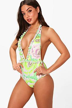 Boohoo Toledo Neon Citrus Pom Plunge Swimsuit