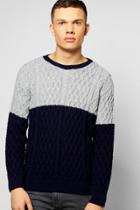 Boohoo Contrast Cable Knit Crew Neck Jumper Navy