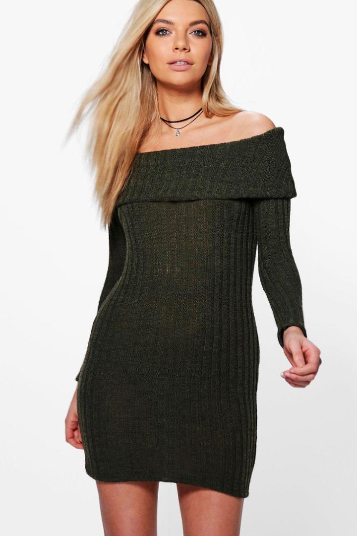 Boohoo Caroline Off The Shoulder Jumper Dress Khaki