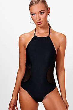 Boohoo Paris Halterneck Mesh Side Swimsuit