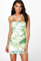 Boohoo Donatella Tropical Print Strappy Bodycon Dress Green