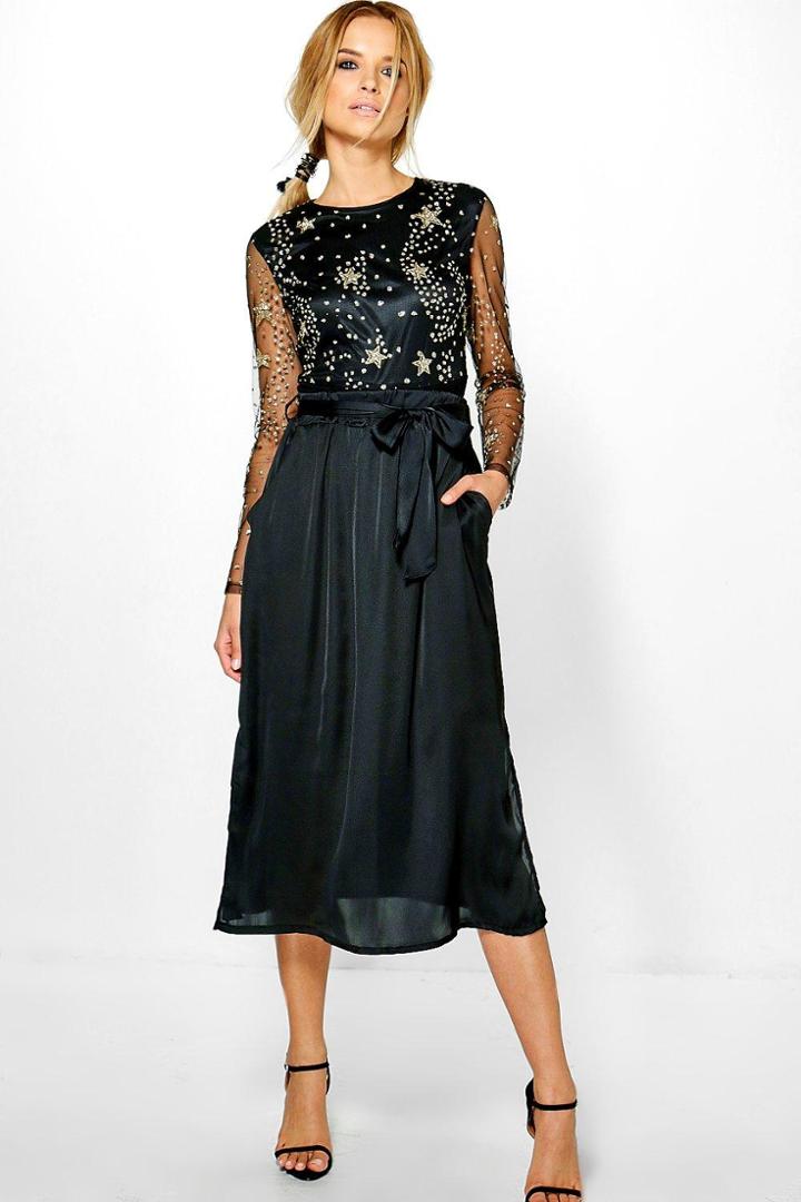Boohoo Lexi Gathered Waist Side Split Satin Midi Skirt Black