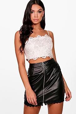 Boohoo Georgia Pu Crochet Trim Woven Mini Skirt