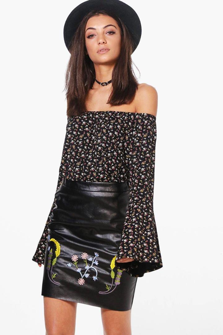 Boohoo Tall Anya Dark Floral Off The Shoulder Top Black
