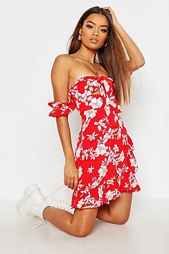 Boohoo Floral Print Tie Front Frill Hem Skater Dress