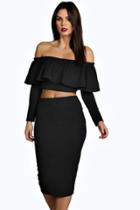 Boohoo Lory Frill Crop Top Midi Skirt Co-ord Set Black