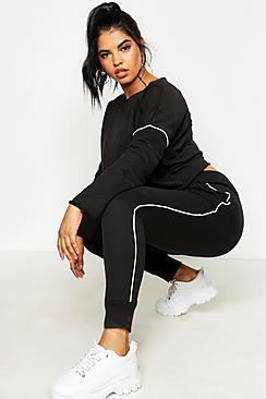 Boohoo Plus Raw Edge Cropped Sweat Piping Detail Jogger Set