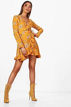 Boohoo Kathy Wrap Front Ruffle Floral Tea Dress