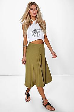 Boohoo Eva Button Front Jersey Skater Skirt