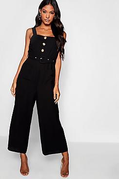 Boohoo Mock Horn Button Belted Wide Leg Jumpsuit
