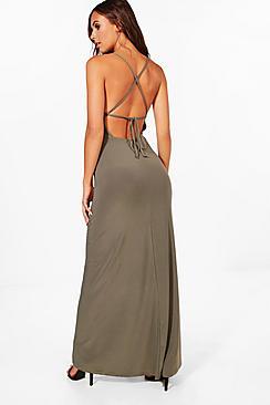 Boohoo Petite Emma Plunge Strappy Back Maxi Dress