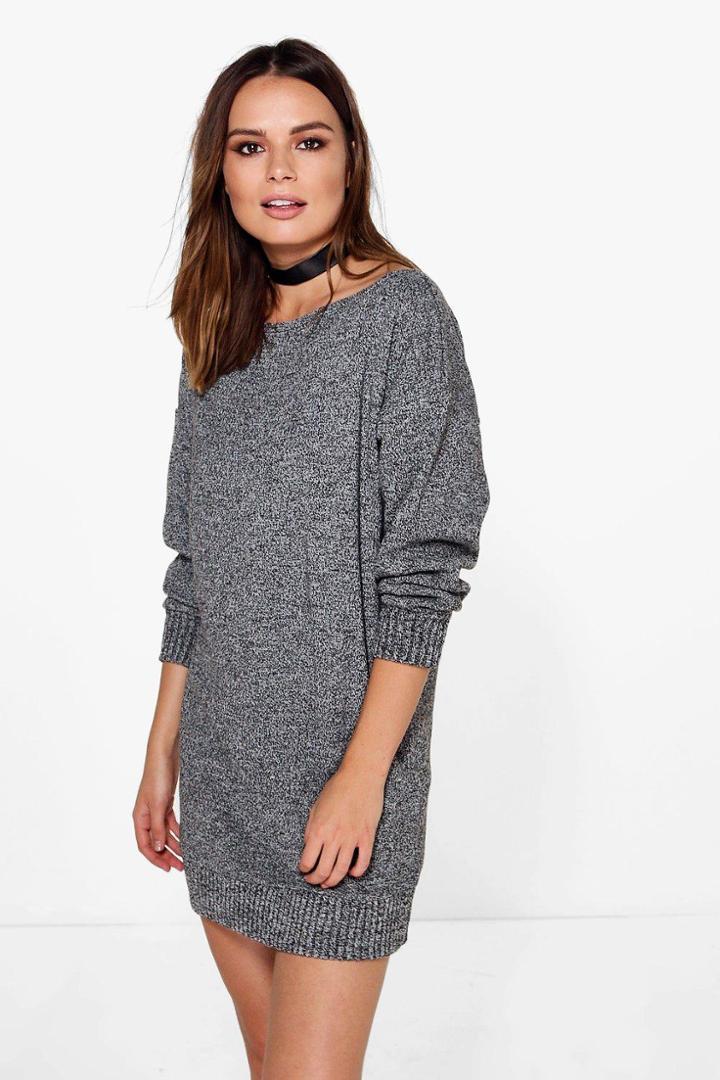 Boohoo Faith Marl Slash Neck Jumper Dress Charcoal