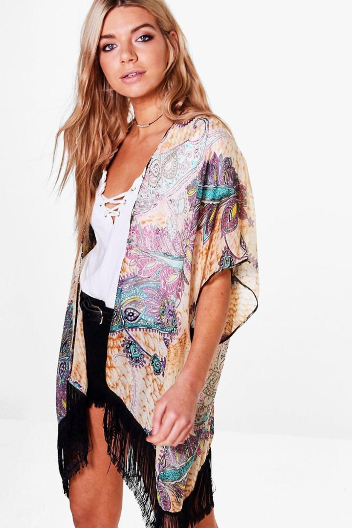 Boohoo Laura Printed Tassel Kimono Orange