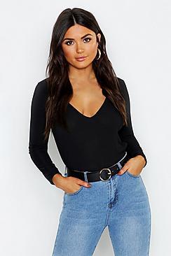 Boohoo Basic Rib Deep Plunge Long Sleeve T-shirt