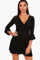 Boohoo Amy Wrap Front Flared Sleeve Skater Dress