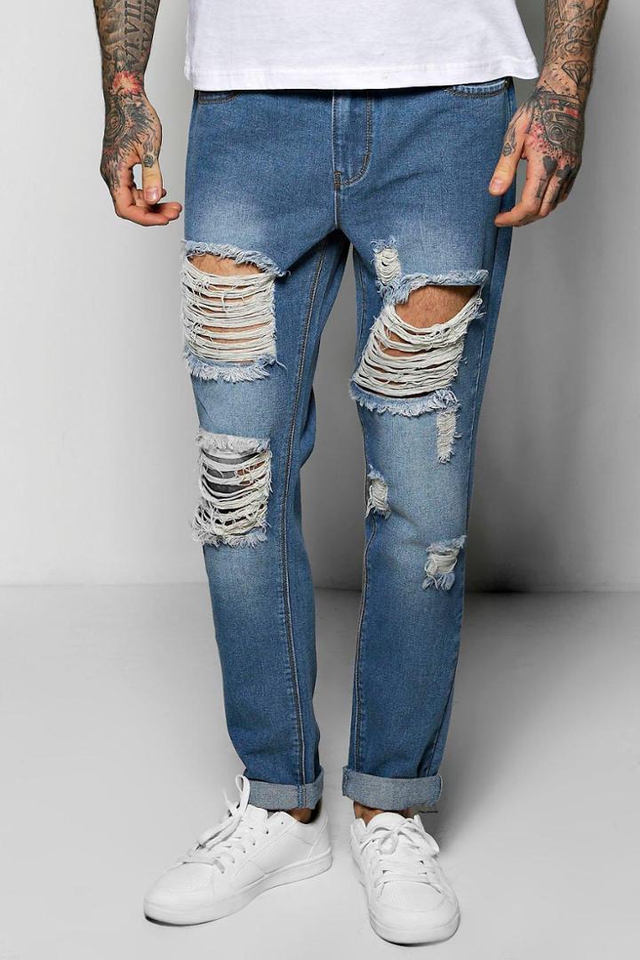 Boohoo Skinny Fit Rigid Destroyed Cropped Jeans Blue