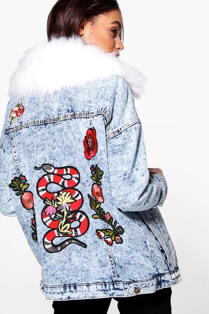 Boohoo Emma Oversized Faux Fur Collar Badged Jean Jacket Blue