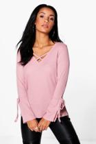 Boohoo Jasmine Tie Sleeve Detail Rib Knit Jumper Lotus