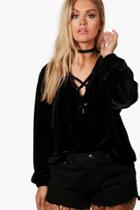 Boohoo Plus Bianca Velvet Lace Up Hooded Top Black