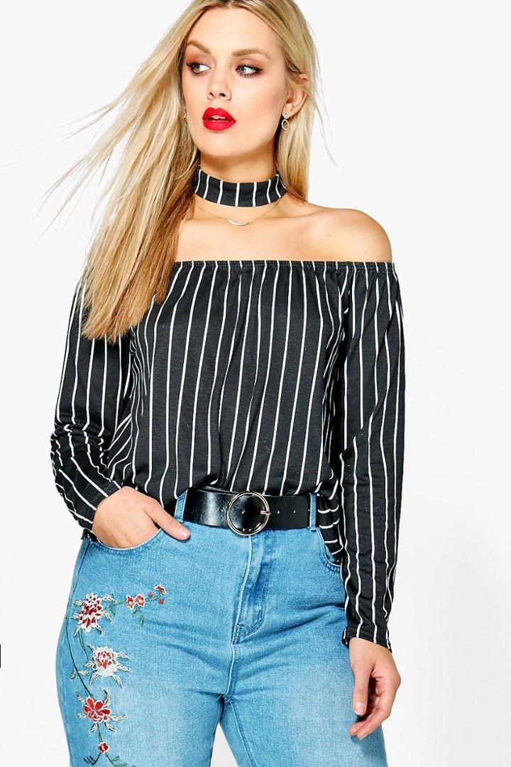 Boohoo Plus Elisa Bardot Stripe Top Black