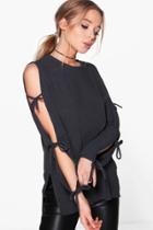 Boohoo Sophie Soft Rib Oversized Tie Sleeve Top Charcoal