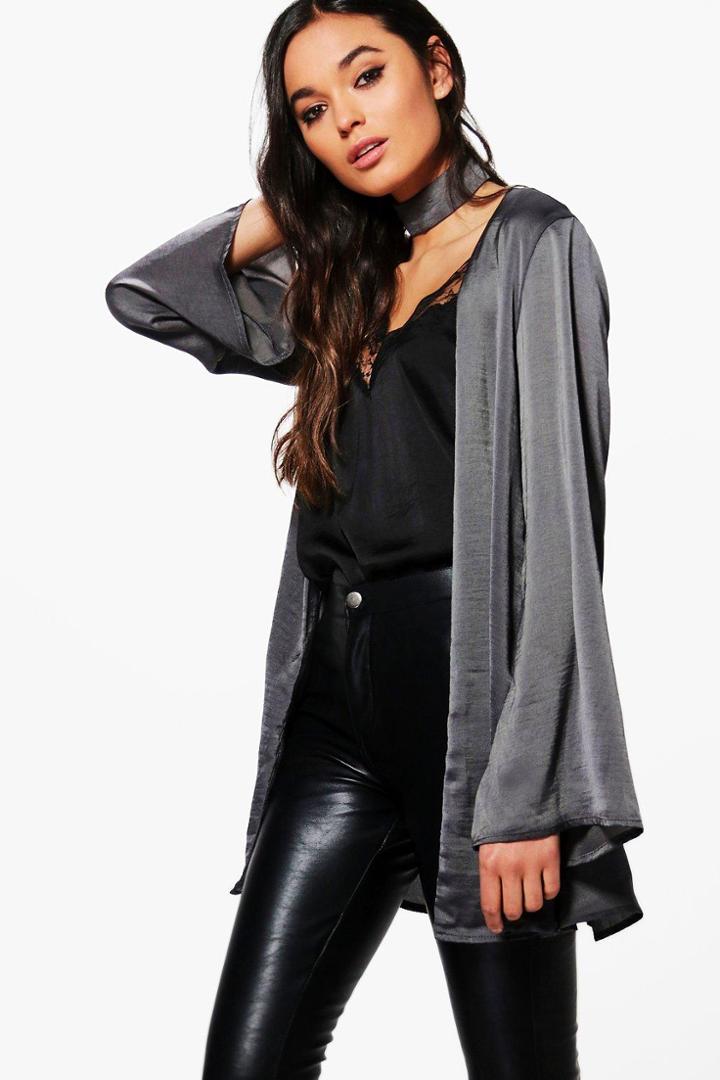 Boohoo Rebecca Satin Kimono With Choker Charcoal