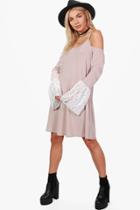Boohoo Leah Lace Bell Sleeve Knitted Tunic Stone