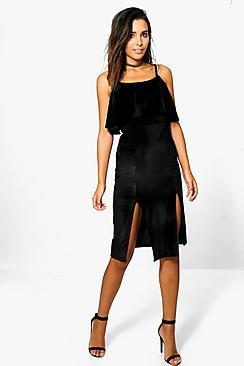 Boohoo Maddie Velvet Frill Strappy Midi Dress