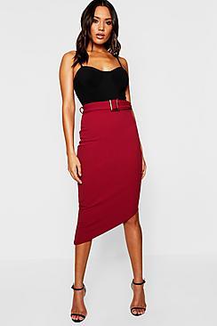 Boohoo Belted Asymmetric Hem Midi Skirt