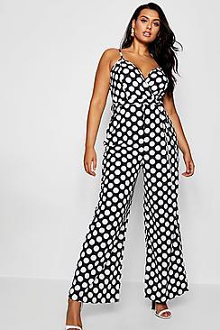 Boohoo Plus Wrap Polka Dot Jumpsuit