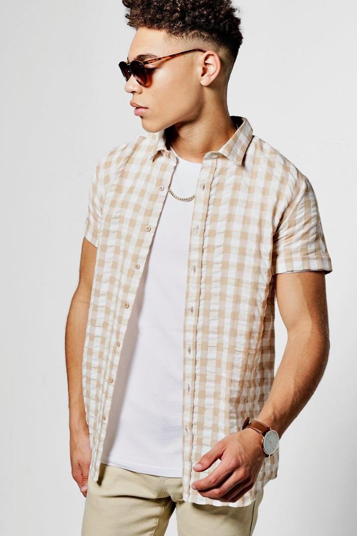 Boohoo Seersucker Gingham Short Sleeve Shirt Stone