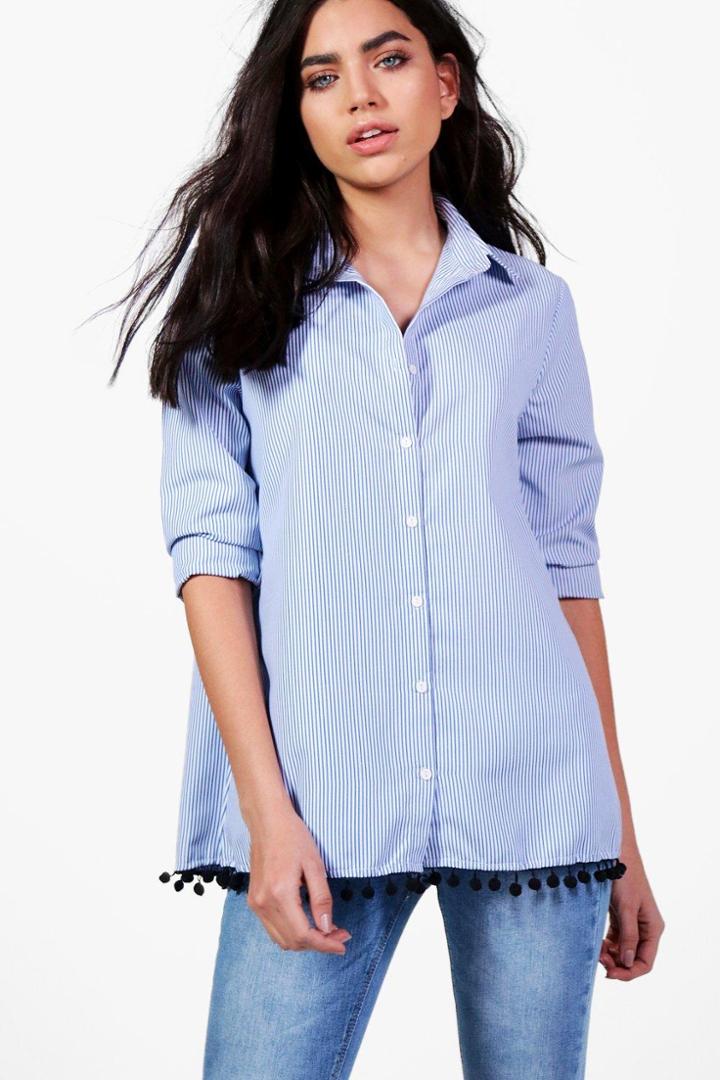 Boohoo Freya Woven Stripe Pom Pom Hem Shirt Multi