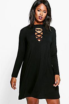Boohoo Plus Fay Tie Neck Long Sleeve Swing Dress