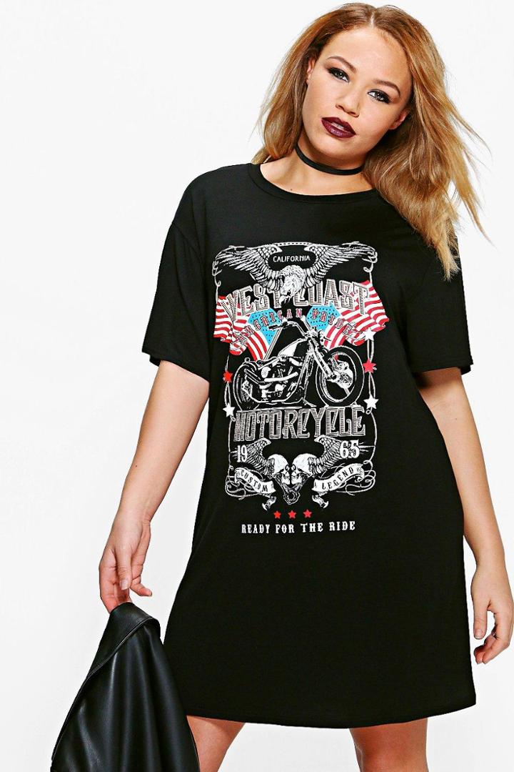 Boohoo Plus Caty 'west Coast Motorcycle' Print Tshirt Dress Black
