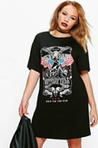 Boohoo Plus Caty 'west Coast Motorcycle' Print Tshirt Dress Black