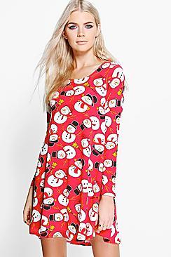 Boohoo Noelle Christmas Snowman Swing Dress